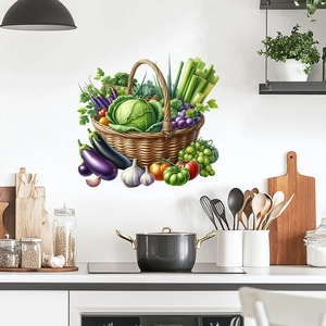 Kitchen wall sticker featuring a realistic fruit and vegetable basket with cabbage and grapes