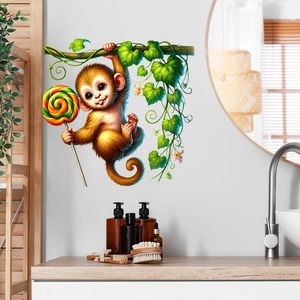 Vibrant cartoon monkey on vine wall sticker in a modern minimalist bathroom scene