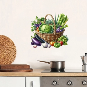Detailed kitchen wall decal showing a wicker basket with fresh vegetables and fruits