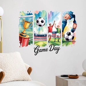 Stickers muraux de football avec trophée doré et motifs de joueurs pour décor maison