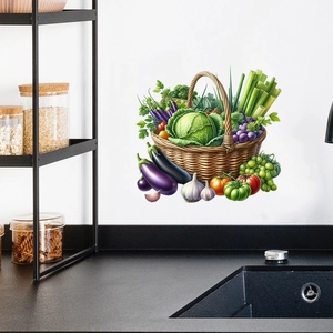 Detail of waterproof kitchen wall sticker featuring a fruit basket on a white wall