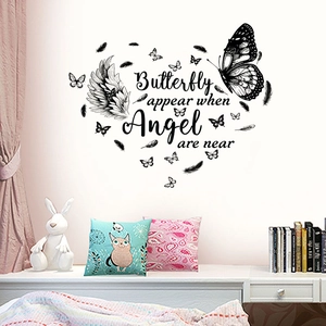 Black butterfly and angel heart wall sticker with quote for bedroom wall decoration