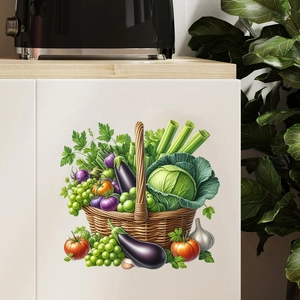 Close-up of waterproof vegetable basket wall decal on white kitchen cabinet