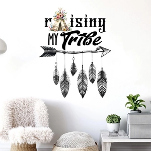 Tribal style wall sticker with colorful tent and feathers on a white living room wall