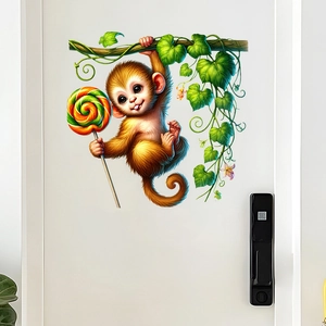 Cute cartoon monkey wall sticker hanging on vine for kids bedroom door decoration