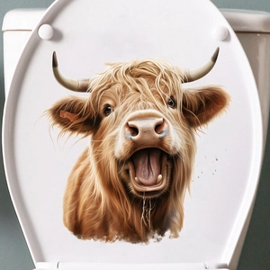 Sticker mural vache Highland rigolo avec tête de bœuf riant sur couvercle de toilette