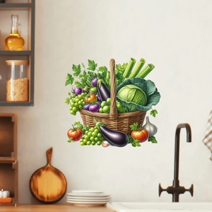 Detail of fruit and vegetable basket wall sticker in a modern kitchen setting