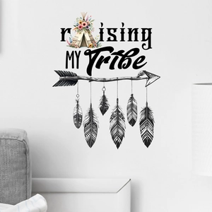Detail of bohemian 'raising MY Tribe' wall sticker with teepee and feather arrow