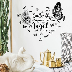 Self-adhesive heart-shaped butterfly and feather wall sticker for home decor