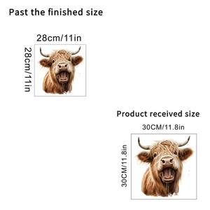 Spécifications de taille pour sticker vache d'Écosse montrant les dimensions finales