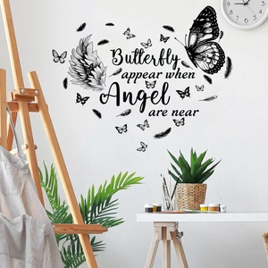 Artistic black butterfly and feather wall sticker with butterfly appear when angel are near quote