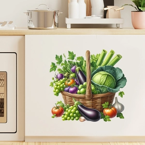 Detail view of vegetable basket wall sticker with eggplant and cabbage in a modern kitchen