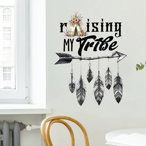 Detail of Raising MY Tribe wall decal featuring boho feathers and a decorative teepee