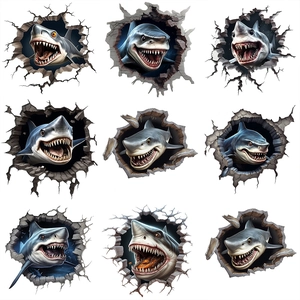 3D wall decals featuring 9 styles of great white sharks breaking through wall stickers
