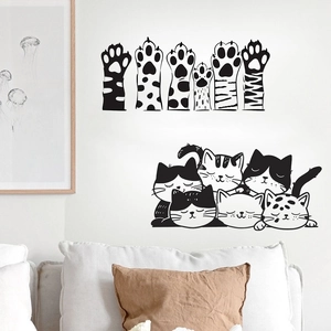 Cute black and white cartoon cat paw and sleeping kitten wall stickers for home decor