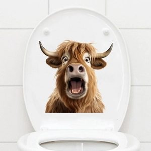Détail d'un autocollant 3D Highland Cow pour toilettes avec texture de fourrure réaliste