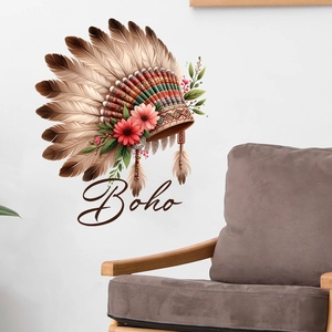 Detail of Boho style wall sticker featuring Indian feathers and pink floral designs