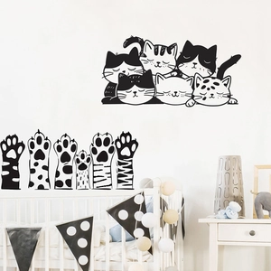 Cute Cartoon Stacked Cats And Cat Paws Wall Stickers Waterproof PVC DIY Home Decor Minimalist Animal Theme Decals For Room