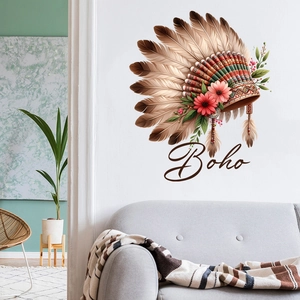 Detail of boho wall sticker featuring a feather headdress with pink flowers and Boho text