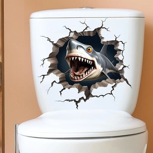 Detail view of 3D shark wall sticker with realistic wall crack effect on toilet tank
