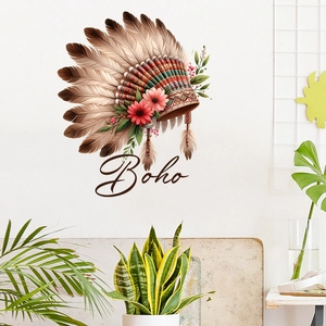 Detail of boho wall sticker featuring Indian feather headdress with pink flowers