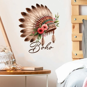 Detail of boho feather wall decal with pink flowers on a white bedroom wall background