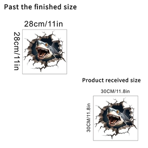 3D shark wall sticker size comparison showing product dimensions of 28cm and 30cm
