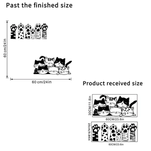 Cartoon cat paw wall decal set in black hand-drawn style with size dimensions shown