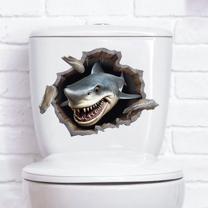 Detailed view of 3D shark wall sticker on toilet tank with realistic breaking effect