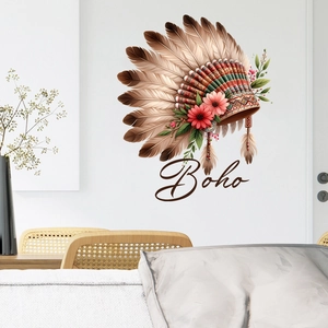 Detail of feather headdress wall sticker with Boho text on a minimalist living room wall