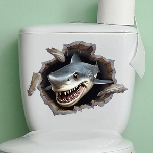 3D shark wall sticker detail showing realistic cracked stone effect on white toilet tank