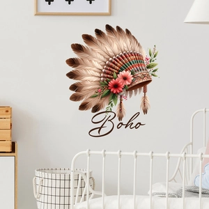 Boho style feather headdress wall decal with pink flowers for nursery room wall decor
