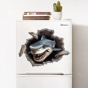 3D shark wall sticker for home decor shown on a white refrigerator with broken wall effect