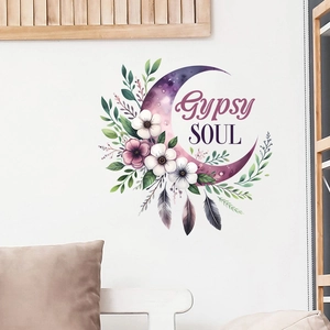Detail of bohemian wall decal featuring Gypsy Soul quote with purple moon and soft feathers