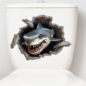Detailed view of 3D shark wall sticker on toilet tank with realistic crack effect