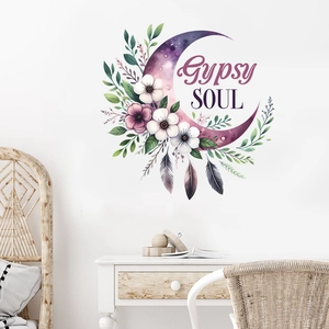 Detail of Gypsy Soul wall sticker with purple moon, floral patterns and colorful feathers