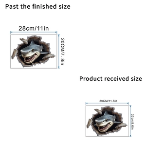 Detailed size specifications for 3D shark wall sticker showing product dimensions