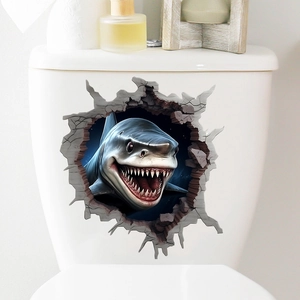 3D shark wall sticker for bathroom decor with realistic broken wall crack effect