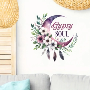 Bohemian wall decal with purple moon, feathers and Gypsy Soul lettering for home decor