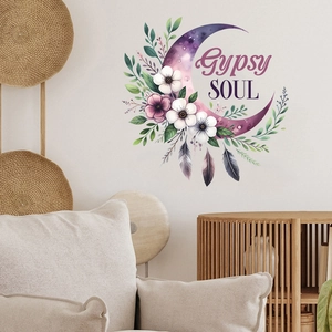 Detail of Gypsy Soul wall decal with purple crescent moon and feathers on white wall