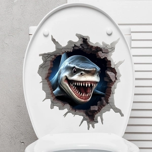 Detailed view of 3D great white shark toilet lid sticker with realistic wall break effect