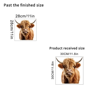 Vue détaillée du sticker mural vache Highland montrant les dimensions reçues et finies
