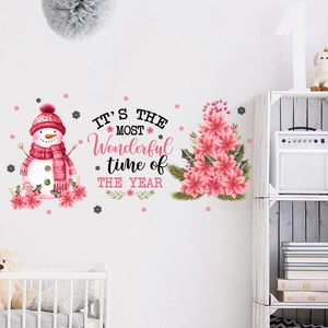 Christmas wall stickers featuring pink snowman and floral tree with holiday quote