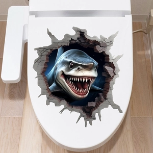 Detailed 3D visual shark wall sticker with broken wall effect for bathroom toilet decor