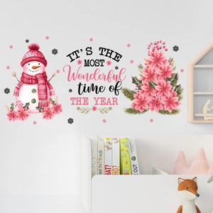Waterproof snowman and pink floral wall stickers for cozy Christmas home decoration