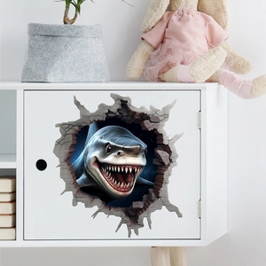Detail of 3D shark wall sticker showing realistic skin texture and broken wall effect