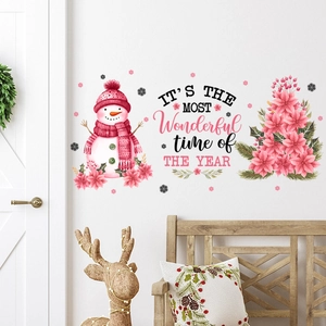 Watercolor snowman and festive flower wall decal set with It's the most wonderful time text