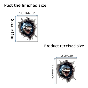 Size specifications for 3D shark wall sticker showing product dimensions in centimeters and inches