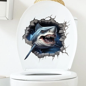 Detailed view of 3D shark wall decal on white toilet lid with cracked stone effect