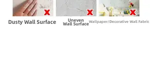 Guide showing unsuitable wall surfaces like peeling powder or uneven textured wallpapers
